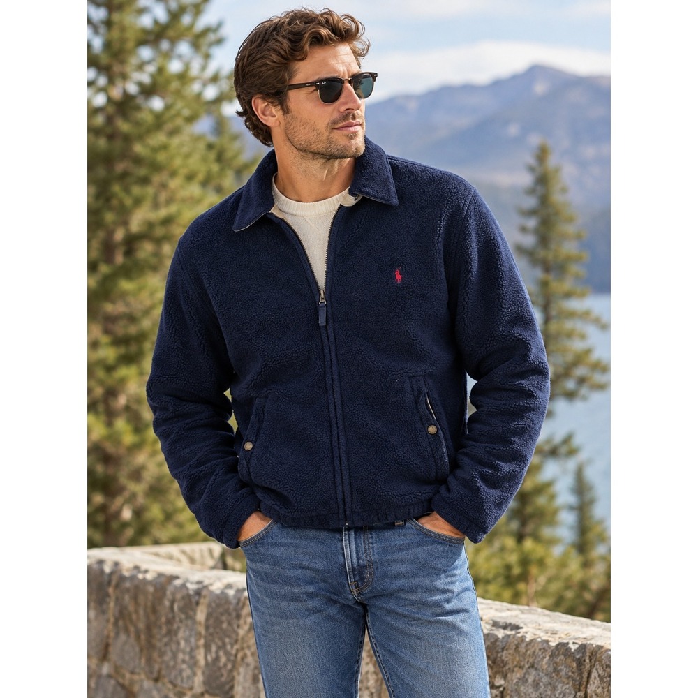 Vintage Polo Ralph Lauren Fleece Collared Jacket Mens Medium 90s Blue Polartec